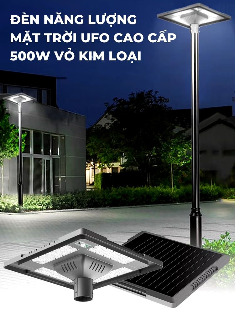 Đèn UFO 500W năng lượng mặt trời cao cấp kim loại - UFO vuông tấm pin mono