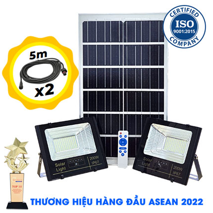 [Mua 1 được 2] Bộ 2 đèn 200W năng lượng mặt trời 1 tấm pin dây nối 10 mét